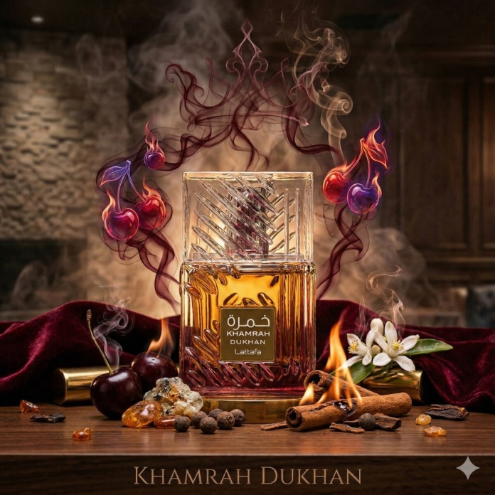 Lattafa Khamrah Dukhan czyli dymna wiśnia z praliną trwała arabska woda perfumowana